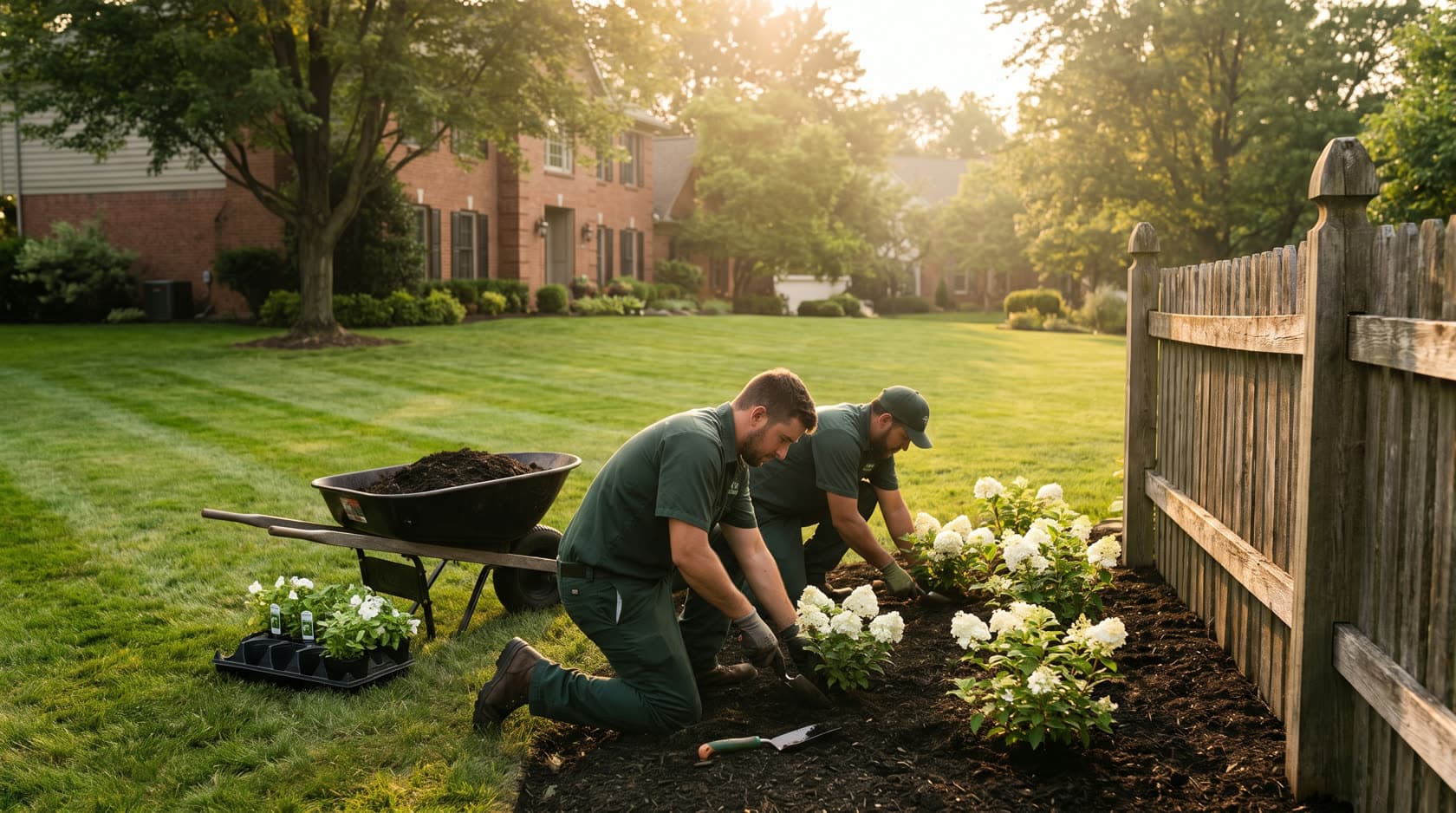 Two landscapers planting white hydrangeas in a freshly mulched garden bed of a large residential backyard at golden hour
